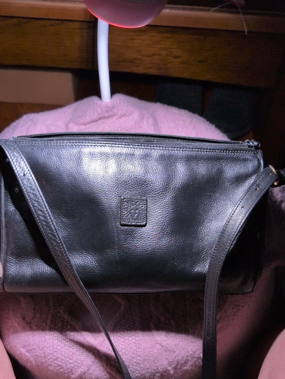Vintage Anne Klein Black Leather Crossbody Bag with Embossed Square Logo